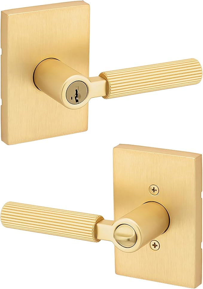 Kwikset Mirada Reeded Entry Door Handle with Lock and Key, Secure Keyed Reversible Lever Exterior, Door Lock for Front Door, Satin Brass, Pick Resistant SmartKey Security and Microban