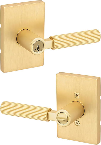 Kwikset Mirada Reeded Entry Door Handle with Lock and Key, Secure Keyed Reversible Lever Exterior, Door Lock for Front Door, Satin Brass, Pick Resistant SmartKey Security and Microban