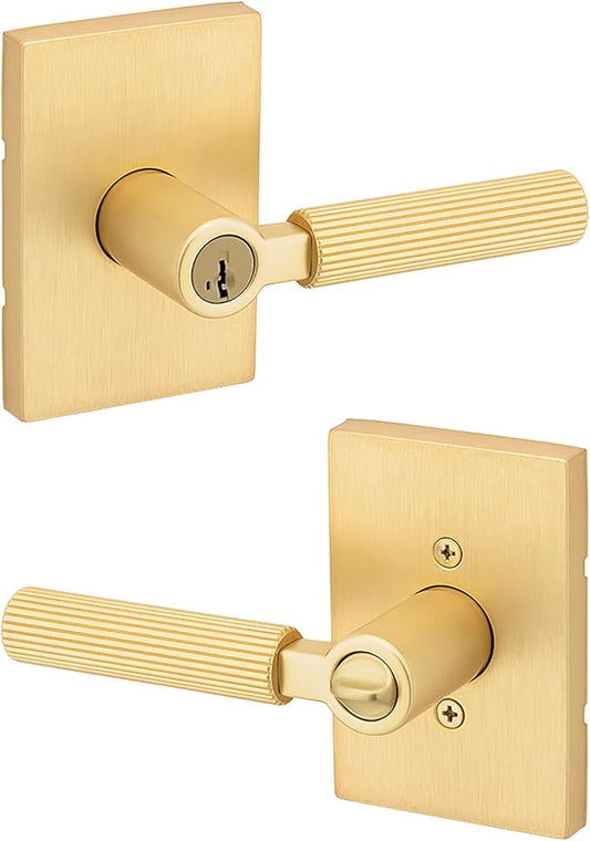 Kwikset Mirada Reeded Entry Door Handle with Lock and Key, Secure Keyed Reversible Lever Exterior, Door Lock for Front Door, Satin Brass, Pick Resistant SmartKey Security and Microban