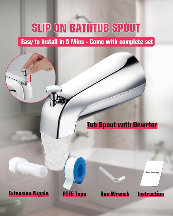 Tub Spout with Diverter, Slip On Bathtub Spout Fits 1/2'' Copper Tube(5/8'' Dia), Bathroom Tub Faucet with PTFE Tape & Hex Wrench, Chrome