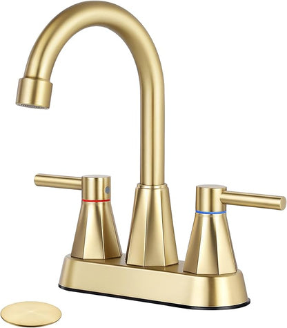 4 inches Bathroom Faucet for 3 Hole,2-Handle Bathroom Sink Faucets with Pop Up Drain (Brush Gold)