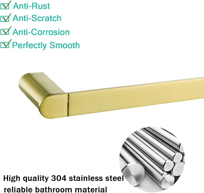 Brushed Gold Bathroom Hardware Set 4 Pieces,18 Inch Stainless Steel Towel Rack Kit,Towel Rod Coat Hook and Toilet Paper Holder Wall Mounted Bathroom Towel Bar Set