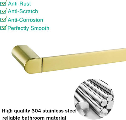 Brushed Gold Bathroom Hardware Set 4 Pieces,18 Inch Stainless Steel Towel Rack Kit,Towel Rod Coat Hook and Toilet Paper Holder Wall Mounted Bathroom Towel Bar Set