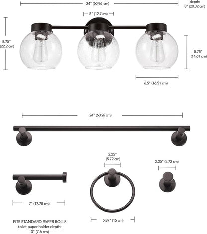 Globe Electric 63000202 5-Piece All-in-One Bathroom Accessory Set with 24" 3-Light Vanity Light, Dark Bronze, Seeded Glass Shades, Towel Bar, Robe Hook, Toilet Paper Holder, Towel Ring, Powder Room