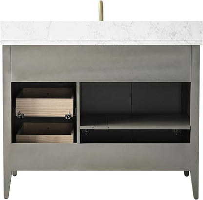 HOMEBEYOND 42" Bathroom Vanity with Sink, Solid Wood Bathroom Vanity Free-Standing Cabinet, Drawers, Ceramic Top & Soft Closing Door, Golden Brushed Handware, Driftwood Gray