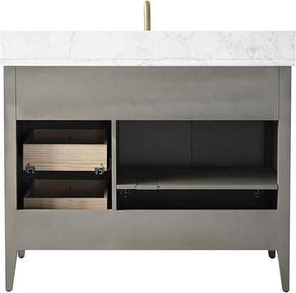 Vanity Art 42 inch Bathroom Vanity with Single Sink & Ceramic Top, Vanity Cabinet with Soft-Closing Door, Solid Wood Frame, Linear Pattern, Driftwood Gray, Golden Brushed Handware VA9142-DG-GB
