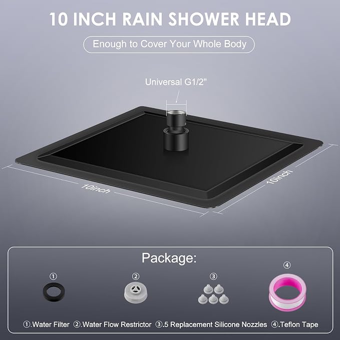 10 Inch Matte Black Rain Shower Head - All Metal Stainless Steel 304, Ultra Thin Design, Modern Bathroom Square Rainfall Showerheads - Full Body Coverage Bath Shower