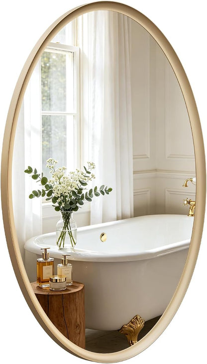 Brushed Gold Oval Bathroom Mirror 24x36 Inch | Vanity Wall Mirror, Crystal-Clear HD Glass, Rust-Proof Aluminum Frame, Inner-Curved Decor for Bedroom, Entryway Renovation