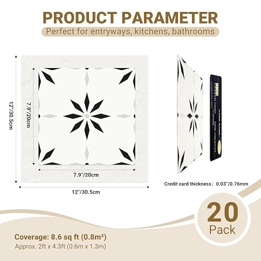 Peel and Stick Floor Tile, 7.9"x7.9" Vinyl Flooring for Bathroom Kitchen, Waterproof Non-Slip Durable Self-Adhesive Easy DIY Removable