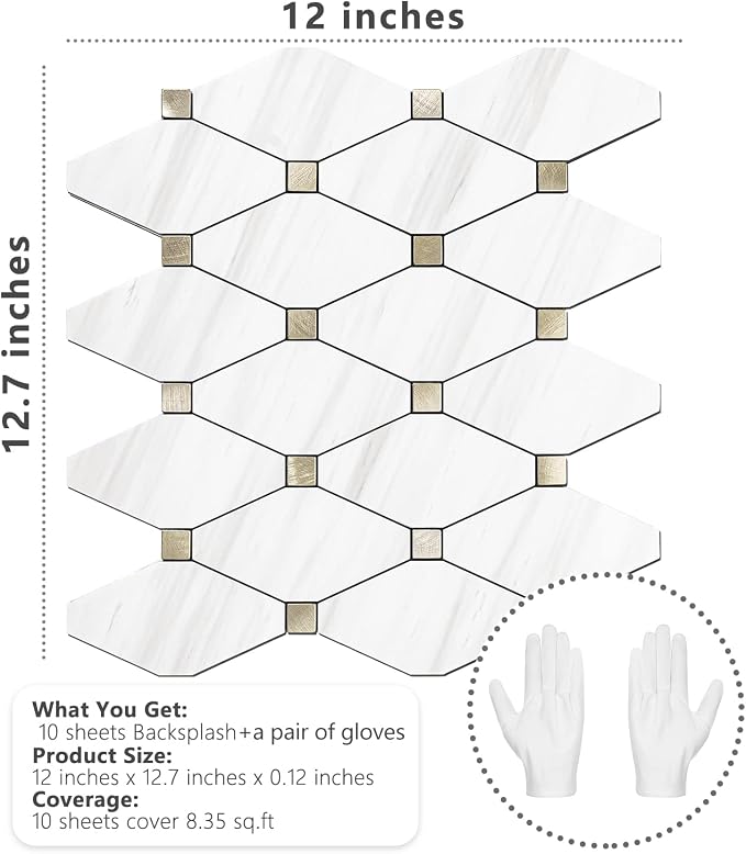 STICKGOO 10 Sheets Peel and Stick Backsplash, Dolomite White | PVC Mixed Metal Gold Kitchen Backsplash, Waterproof, Self Adhesive Tiles for Fireplace, Bathroom, RV