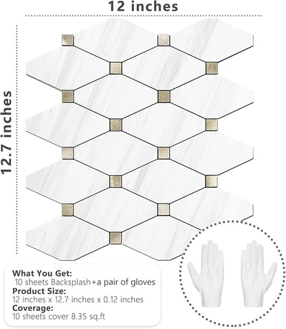 STICKGOO 10 Sheets Peel and Stick Backsplash, Dolomite White | PVC Mixed Metal Gold Kitchen Backsplash, Waterproof, Self Adhesive Tiles for Fireplace, Bathroom, RV