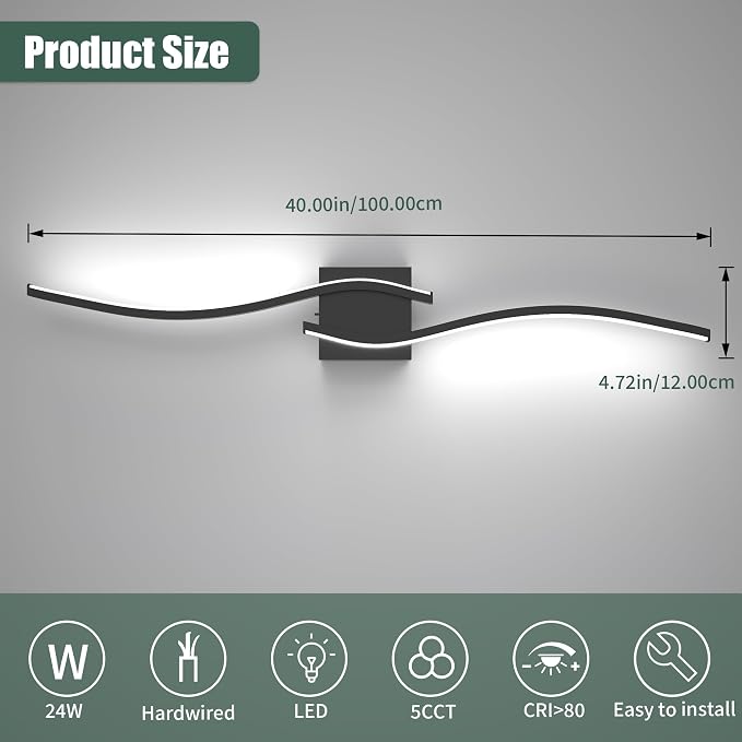 LED Bathroom Vanity Light Dimmable 5CCT 40in, Matte Black | 2700K-6500K Selectable, CRI>80, Rust-Proof Metal & Acrylic, ETL Certified, For Bathroom Mirrors, Washrooms, Vanity Areas