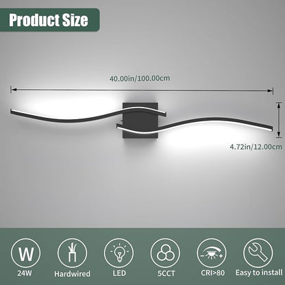 LED Bathroom Vanity Light Dimmable 5CCT 40in, Matte Black | 2700K-6500K Selectable, CRI>80, Rust-Proof Metal & Acrylic, ETL Certified, For Bathroom Mirrors, Washrooms, Vanity Areas