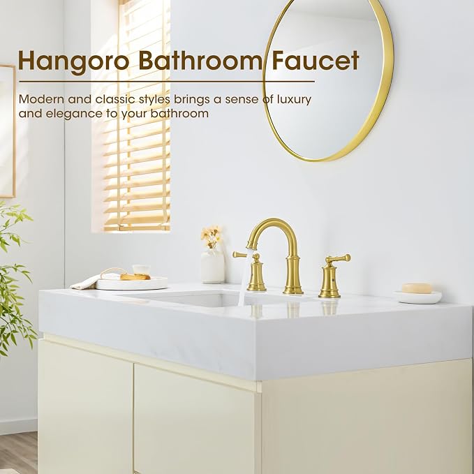 Gold Bathroom Faucet 3 Hole Sink Bathroom Fauce Solid Brass | Complete With Pop-Up Drain Assembly And cUPC Supply Lines For Widespread Vanity, Lavatory, And RV Sinks