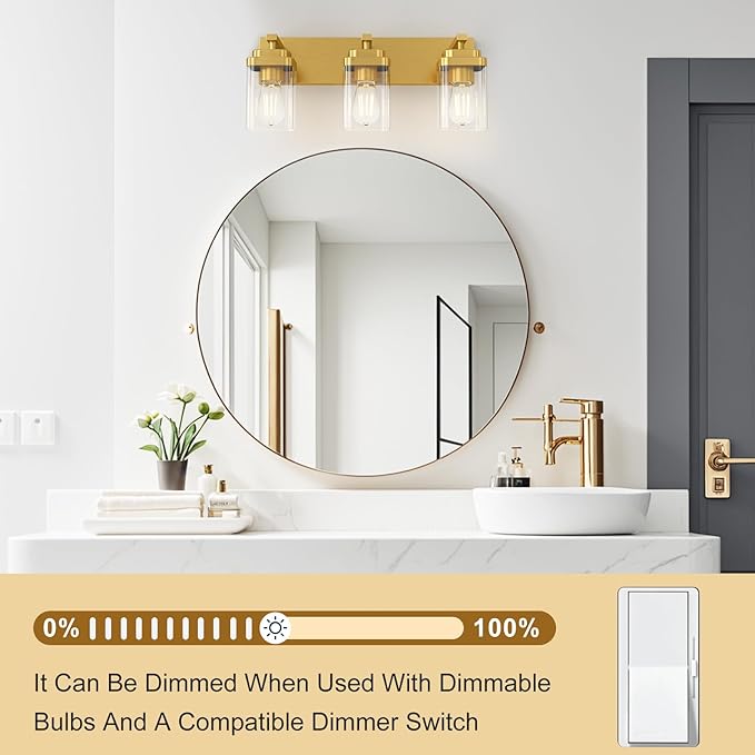 Brushed Gold Bathroom Light Fixtures, 3 Lights Bathroom Lighting Fixtures Over Mirror, Square Design & Rectangle Large Backplate, Modern Vanity Lighting Fixtures, for Living Room/Bedroom