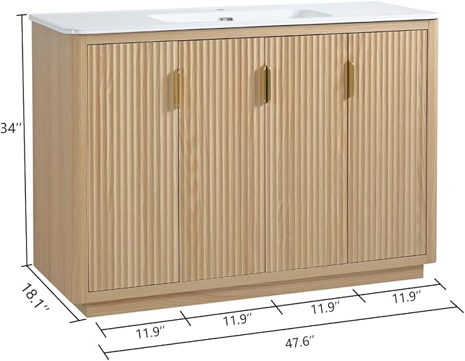 48 Inch Freestanding Bathroom Vanity with Ceramic Sink, Striped Vanity Cabinet with Four-Door Storage & Gold Pull Handles, Natural Wood