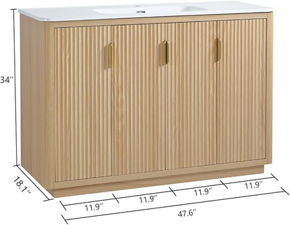 48 Inch Freestanding Bathroom Vanity with Ceramic Sink, Striped Vanity Cabinet with Four-Door Storage & Gold Pull Handles, Natural Wood