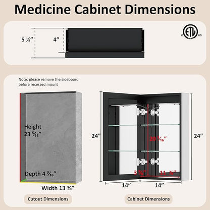 14x24 Inch Medicine Cabinet with Lights, Recessed or Surface Mount Bathroom LED Medicine Cabinet with Mirror, Anti-Fog, Adjustable Shelf, Dimmable Light, Outlets & USB,ETL Listed, Left Hinge,Black