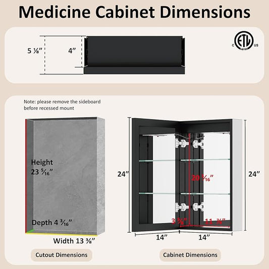 14x24 Inch Medicine Cabinet with Lights, Recessed or Surface Mount Bathroom LED Medicine Cabinet with Mirror, Anti-Fog, Adjustable Shelf, Dimmable Light, Outlets & USB,ETL Listed, Left Hinge,Black