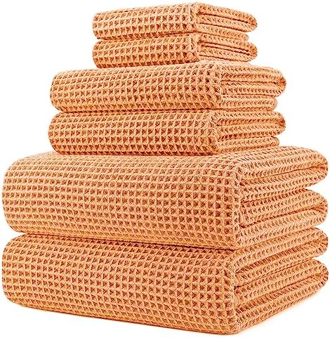 POLYTE 430 GSM Poly Blend Microfiber Quick Dry Waffle Bath Towel Set of 6