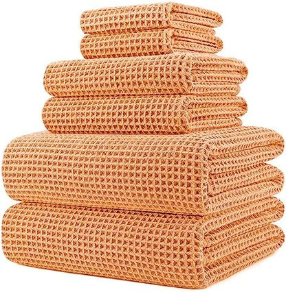 POLYTE 430 GSM Poly Blend Microfiber Quick Dry Waffle Bath Towel Set of 6