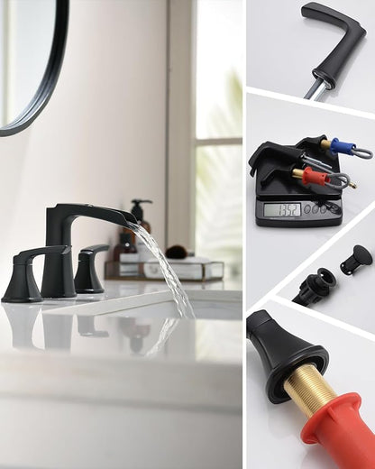 Fapully Black Bathroom Faucet 3 Hole, Waterfall 8 Inch Widespread Bathroom Sink Faucet with Pop-up Drain, Two-Handle Faucet for Bathroom Sink