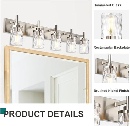 Bathroom Vanity Lighting Fixtures 5 Lights,Brushed Nickel Bathroom Vanity Lights with Clear Hammered Shade Wall Sconce Lighting Modern Farmhouse Bath Lighting