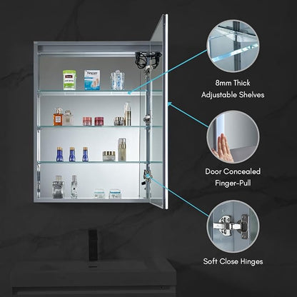 Blossom LED Lighted Mirror Medicine Cabinet, 24x32, Right Hinge, Wall Mounted Recessed or Surface Bathroom LED Medicine Cabinet with Mirror, Makeup Mirror with Lights, Defogger, Adjustable Brightness