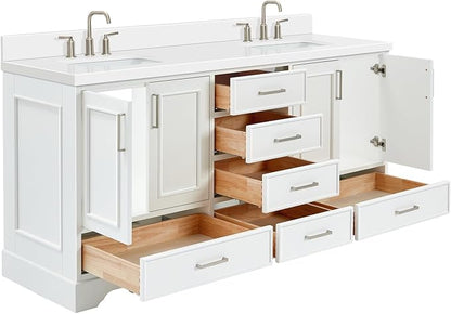 Langford 72-inch White Bathroom Vanity with Left & Right Rectangle Double Sinks, Pure White Quartz Countertop & Backsplash, Solid Wood Frame, Soft-Closing & Dovetail Drawers
