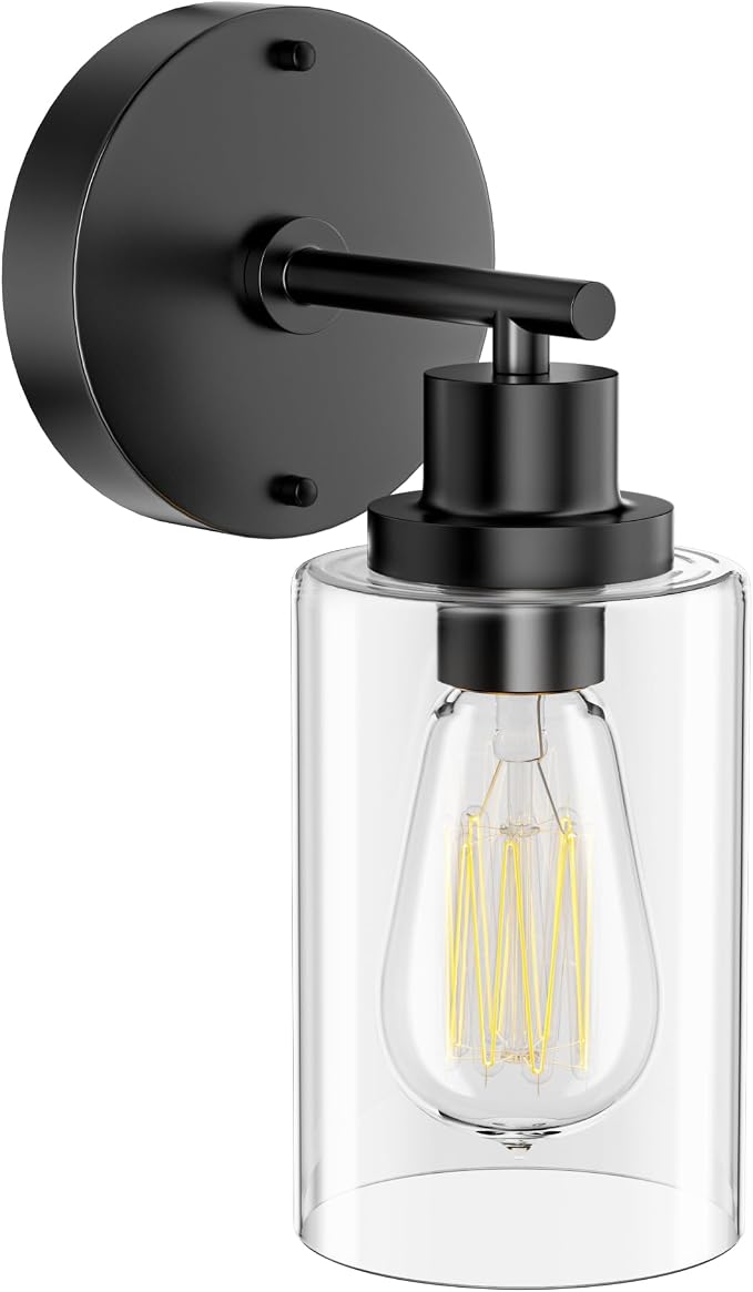 GORDNWE Modern Bathroom Wall Sconce, Matte Black Vanity Wall Light Fixture | E26 Bulb Base, Clear Glass Shade, Wall Mount Light Fixtures for Mirror, Bedroom, Hallway