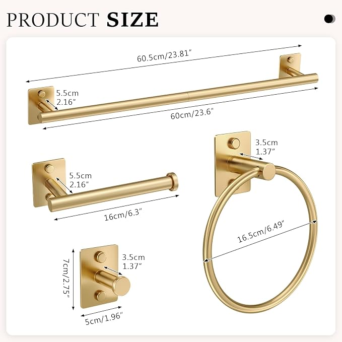 5 Pieces Bathroom Hardware Accessories Set Brushed Gold Towel Bar Set Stainless Steel Towel Racks for Bathroom,Wall-Mounted 23.6 inch