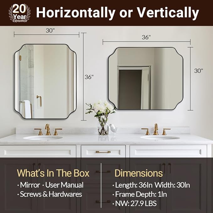 30x36 Inch Bathroom Mirror, Matte Black Vanity Mirror, Modern Scalloped Mirror in Premium Stainless Steel Metal Thin Frame, Unique Rounded Notched Corners, Hangs Vertically or Horizontally