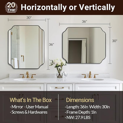 30x36 Inch Bathroom Mirror, Matte Black Vanity Mirror, Modern Scalloped Mirror in Premium Stainless Steel Metal Thin Frame, Unique Rounded Notched Corners, Hangs Vertically or Horizontally