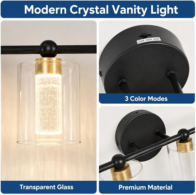 Black and Gold Vanity Light with 3 Color Modes, Eye Protection LED Bathroom Light Fixtures, Dimmable Modern Wall Light Over Mirror with Clear Glass Shade (Black & Gold, 4-Light)