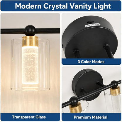 Black and Gold Vanity Light with 3 Color Modes, Eye Protection LED Bathroom Light Fixtures, Dimmable Modern Wall Light Over Mirror with Clear Glass Shade (Black & Gold, 4-Light)