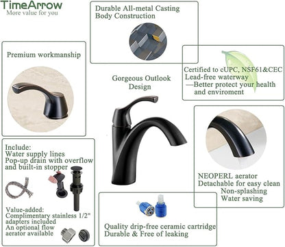 Bathroom Faucet Oil Rubbed Bronze, Single Handle Bathroom Sink Faucet for 1 Hole with 3 Holes Deck Plate, Lavatory Vanity Faucets, Pop Up Drain and Water Supply Lines Included, TAF206-ORB