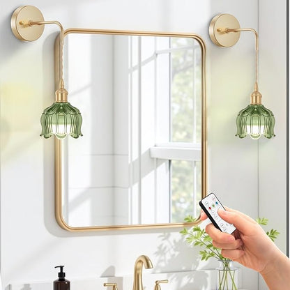 Battery Operated Wall Sconces CCT Dimmable Wireless Sconces Set of 2, Vintage Light Fixture with Green Flower Glass Lampshade Wall Decor Set of 2 for Living Room Bedroom Bedside Bathroom
