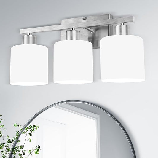 SILAMPDI Bathroom Light Fixtures Brushed Nickel, 3-Light Bathroom Lights Over Mirror, Bathroom Vanity Lights for Bedroom, Living Room, Hallway, Milky White Glass Shades, E26 Base, Bulbs Not Included