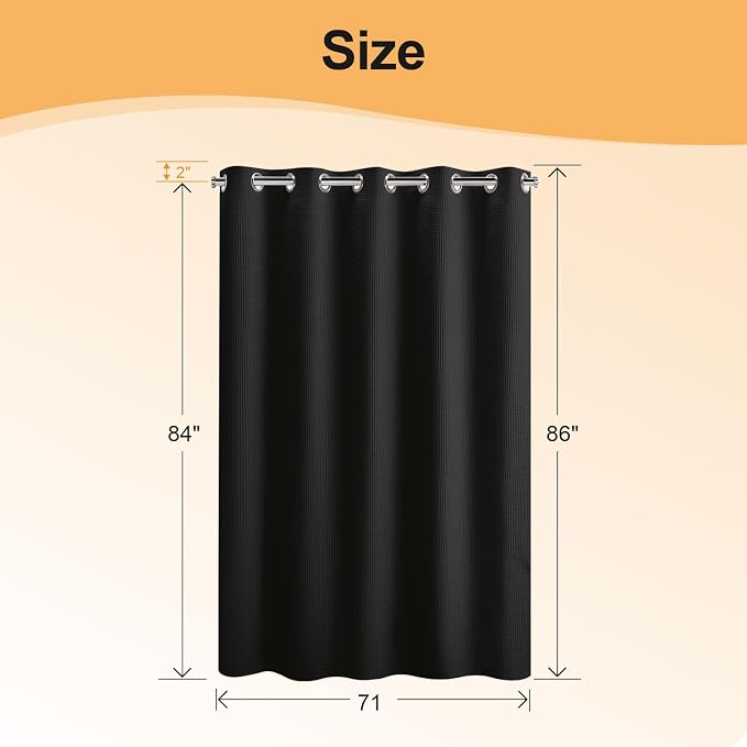 River Dream Cotton Blend No Hook Shower Curtain with Liner, Black, 71x86 | Extra Long, with Snap in Liner, Heavyweight Waffle Fabric, Hotel Grade for Bathroom, Water Repellent, Corner Magnets