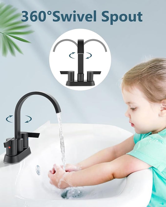 Aolemi Bathroom Faucets for Sink 3 Hole,4 Inch Centerset Waterfall Faucet 2 Handle for Bathroom Sink with Pop-Up Drain and Supply Lines Matte Black