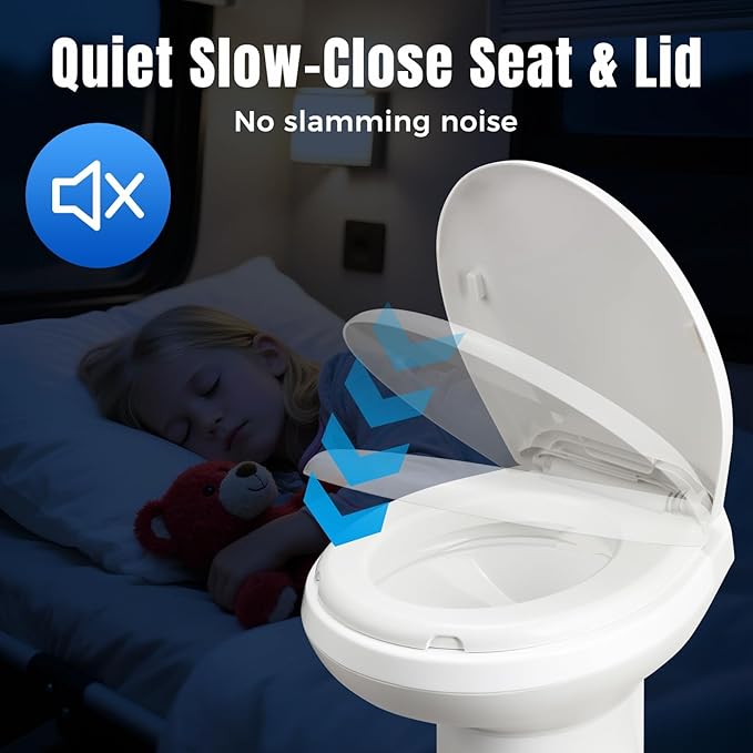 Efficient Gravity-Flush RV Toilet with Quiet-Close, Triple-Jet Flush with Adjustable Water Level, Standard Height and Foot Pedal for RVs, Trailers, and Campers