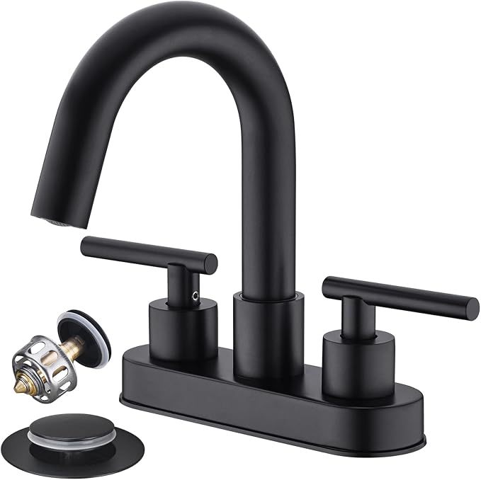 Black Bathroom Faucet, BSTIIU Centerset Sink Faucets for 3 Hole Sink, 4 Inch 2 Handle RV Vanity Faucet with Metal Overflow Pop Up Drain and cUPC Water Supply Lines, Matte Black