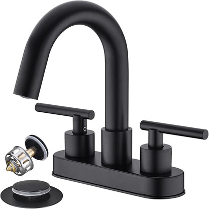 Black Bathroom Faucet, BSTIIU Centerset Sink Faucets for 3 Hole Sink, 4 Inch 2 Handle RV Vanity Faucet with Metal Overflow Pop Up Drain and cUPC Water Supply Lines, Matte Black