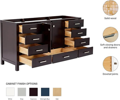 ARIEL Cambridge 66-inch Bathroom Vanity Base Cabinet,Solid Wood, 2 Soft Closing Doors, 9 Dovetail Drawers, Espresso