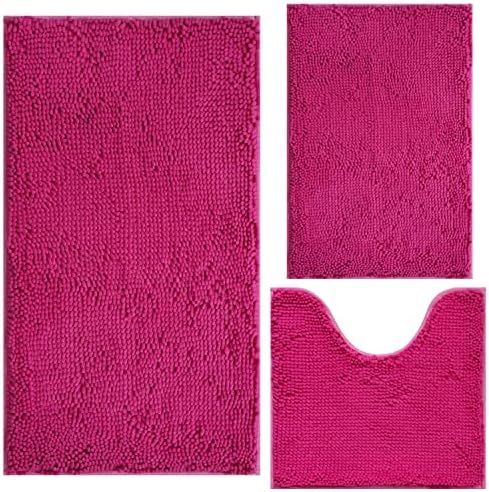 Bathroom Rugs Chenille 3-Piece Extra Soft and Absorbent Shag Bathroom Rugs, Machine Wash Mat, Strong PVC Non-Slip Underside, Plush Carpet Mats (Rose Red)