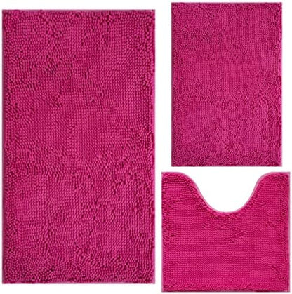 Bathroom Rugs Chenille 3-Piece Extra Soft and Absorbent Shag Bathroom Rugs, Machine Wash Mat, Strong PVC Non-Slip Underside, Plush Carpet Mats (Rose Red)
