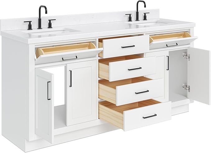 ARIEL Hepburn 72-inch Bathroom Vanity with Sink,Solid Wood, 1.5-inch Carrara White Quartz Countertop & Backsplash, Double Rectangular Porcelain Sink, 4 Soft Closing Doors, 6 Dovetail Drawers, White
