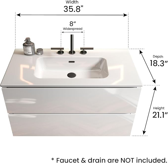 36" Bathroom Vanity with Sink, Modern Floating Vanity with Double Soft-Closing Drawers, Large Storage for Small Space, Glossy White, Fully Assembled - Iris Collection