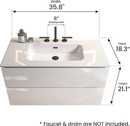 36" Bathroom Vanity with Sink, Modern Floating Vanity with Double Soft-Closing Drawers, Large Storage for Small Space, Glossy White, Fully Assembled - Iris Collection