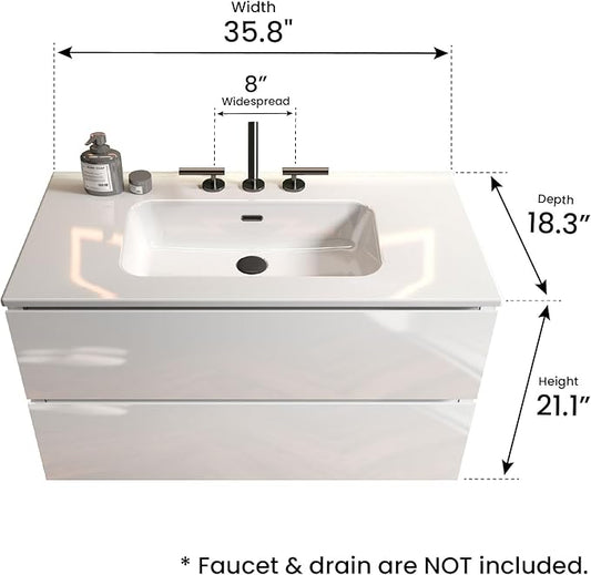 36" Bathroom Vanity with Sink, Modern Floating Vanity with Double Soft-Closing Drawers, Large Storage for Small Space, Glossy White, Fully Assembled - Iris Collection